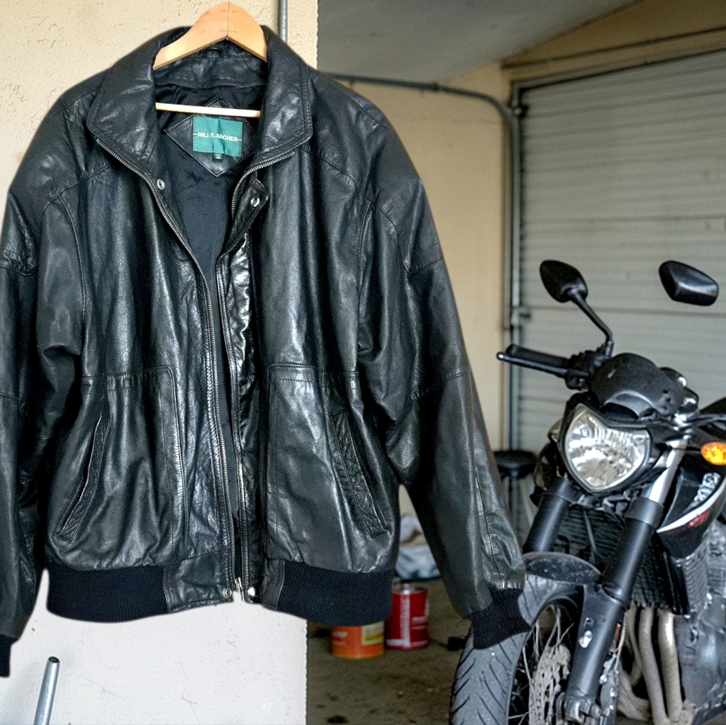 Hill & Archer Black Leather Bomber Jacket Sz 46/ L Vtg 90s Biker Moto Streetwear